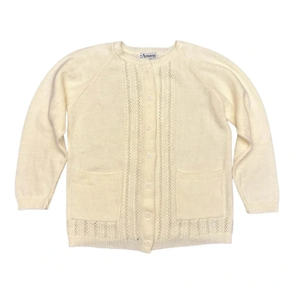 Vintage 90s Amana Open Knit Button Front Cream Ivory Cardigan Retro Twee Mod